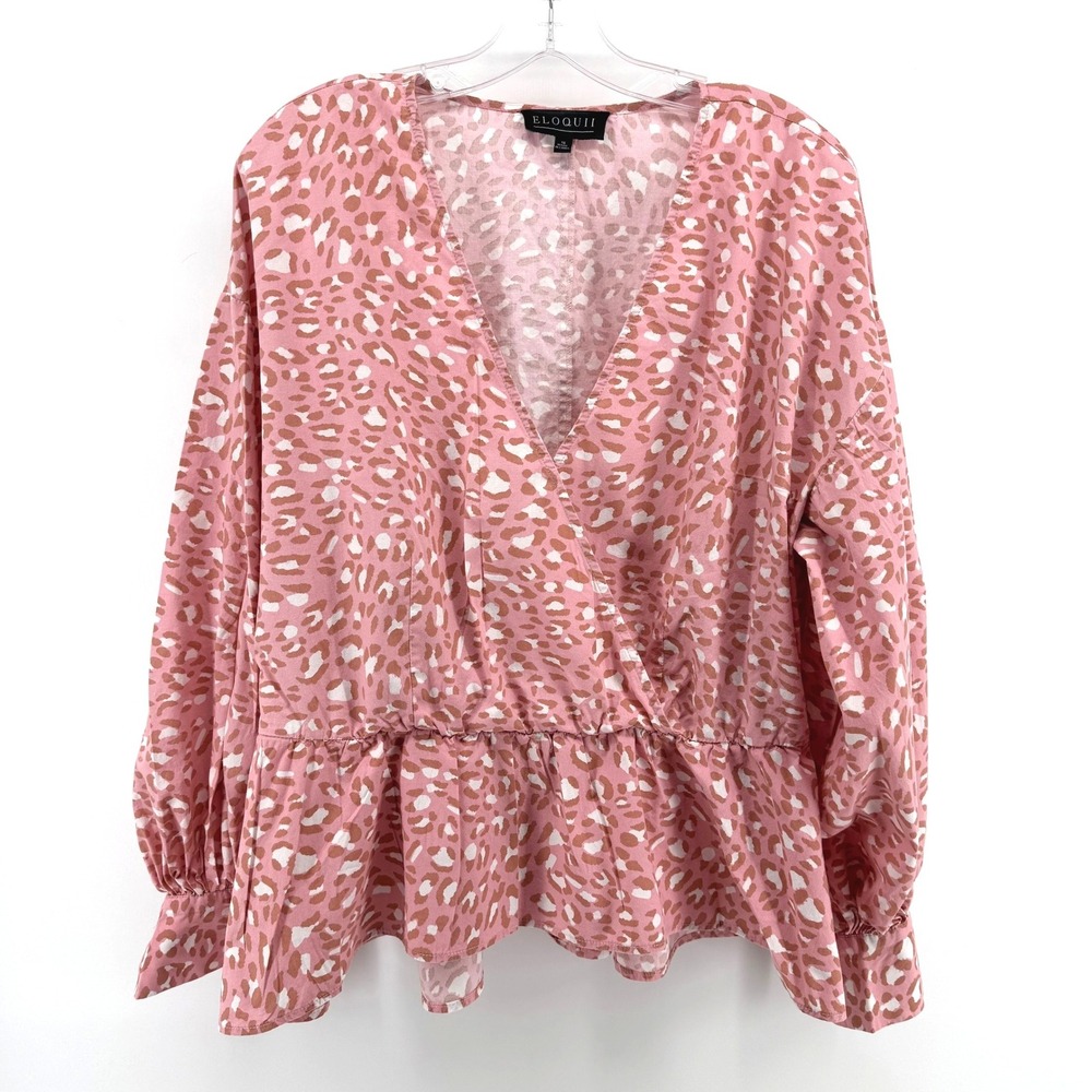 Eloquii Peplum Wrap Top Women 16 Pink Leopard Print Blouse Romantic Plus Office